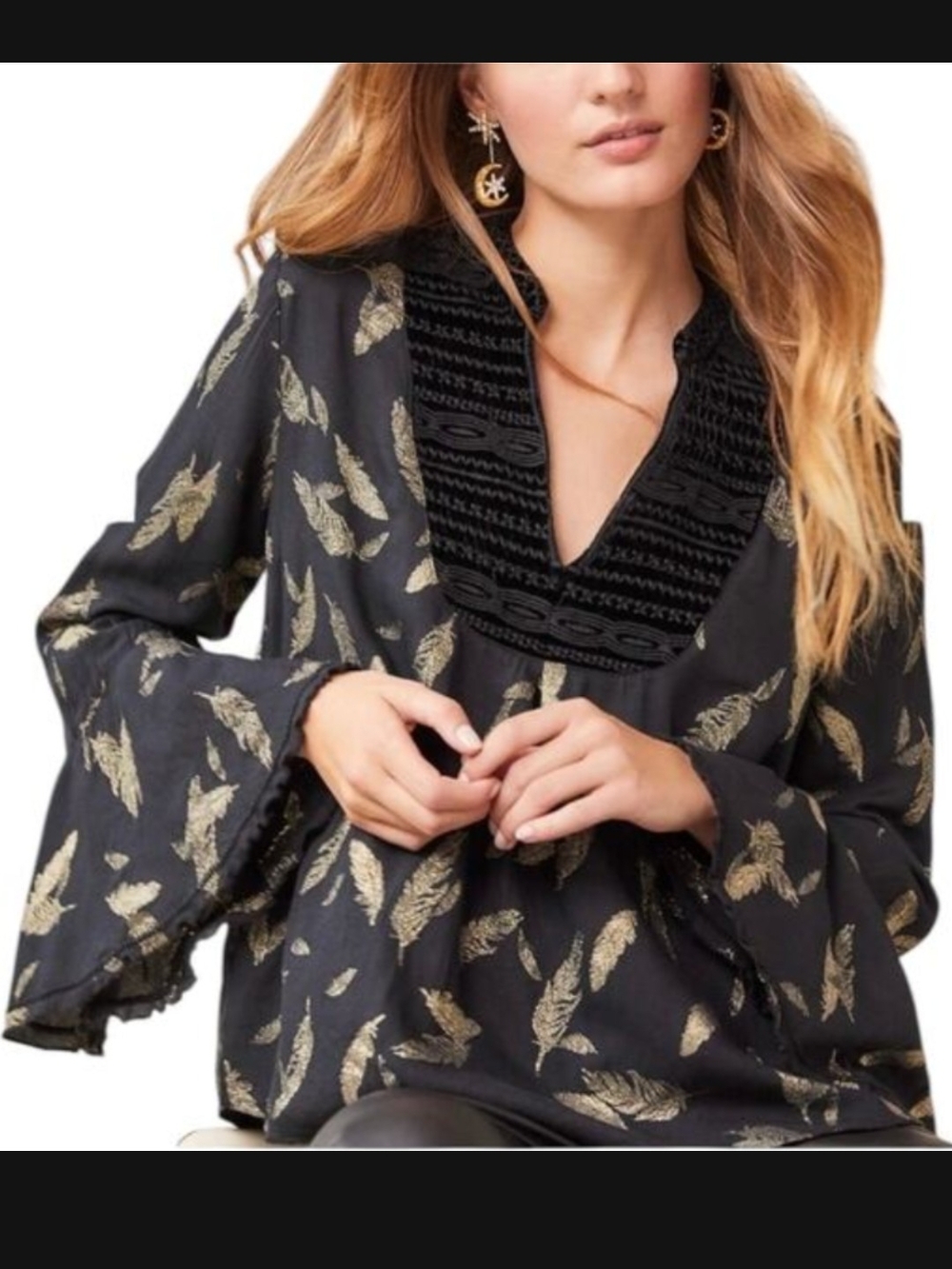 Johnny Was Black Top with Metallic Gold Feather Print